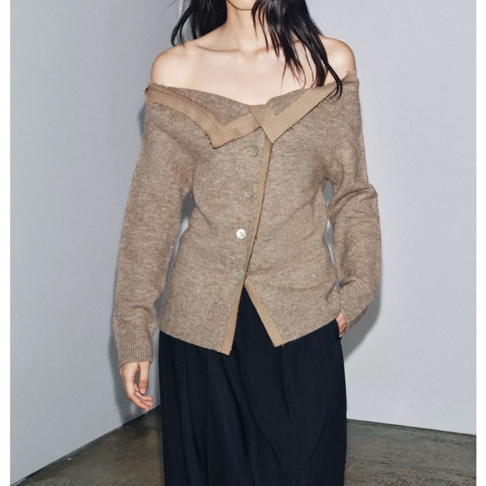 Zara Women's Off-Shoulder Tan Sweater